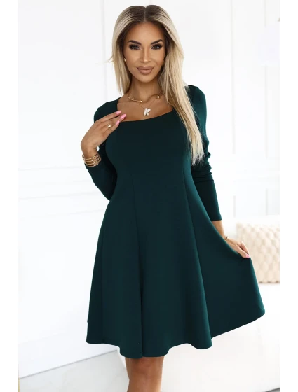574-1 IVANA pohodlné trapézové šaty s výstrihom a dlhými rukávmi - BOTTLE GREEN