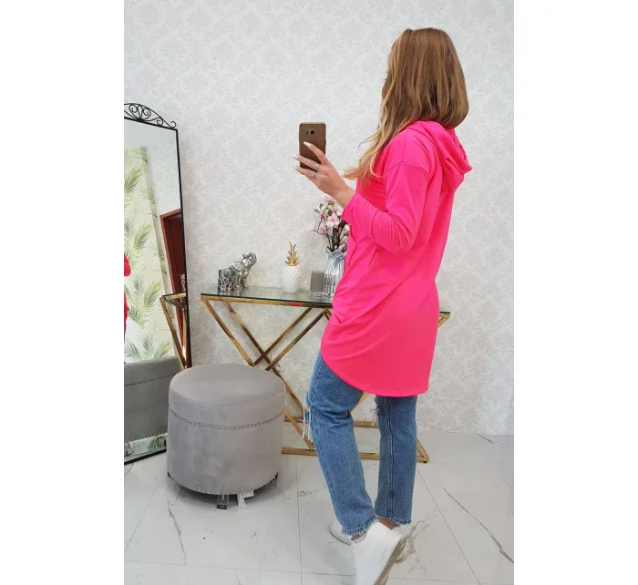 Mikina s dlhým chrbtom a kapucňou ružová neónová