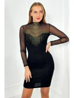 Pletené šaty s tylovými rukávmi a výstrihom čierny Pletené šaty s tylovými rukávmi a výstrihom čierny