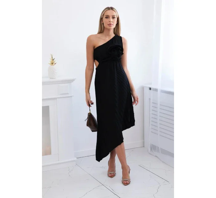 Plisované šaty s květinou černý Plisované šaty s květinou černý