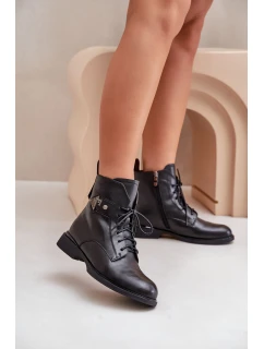 Skórzane Botki Na Płaskim Obcasie Z Ozdobą Ocieplane Maciejka N3115-01 Czarne