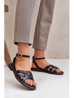 Skórzane Sandały Damskie Na Płaskim Obcasie Zazoo 3688 Czarne