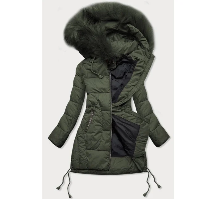 Dámska prešívaná zimná bunda s kapucňou khaki (7690)