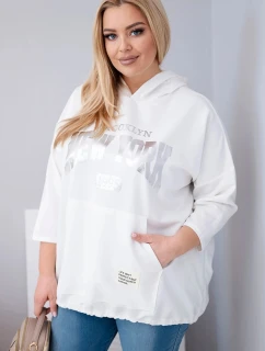 Dámska viskózna mikina Plus Size s kapucňou a klokaním vreckom biela