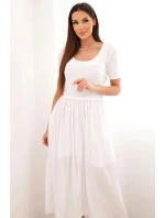 Dámske bavlnené midi šaty s krátkymi rukávmi a rozšírenou spodnou časťou biele