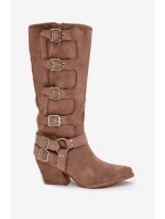 Dámske kovbojské čižmy na podpätku s prackami Fivelle - tmavo béžové Dámske kovbojské čižmy na podpätku s prackami Fivelle - tmavo béžové