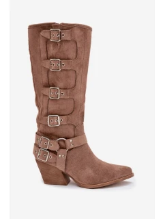 Dámske kovbojské čižmy na podpätku s prackami Fivelle - tmavo béžové
