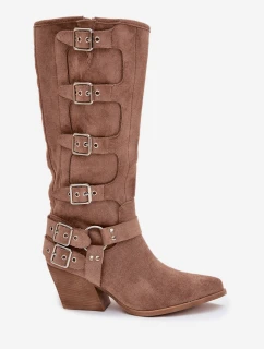 Dámske kovbojské čižmy na podpätku s prackami Fivelle - tmavo béžové