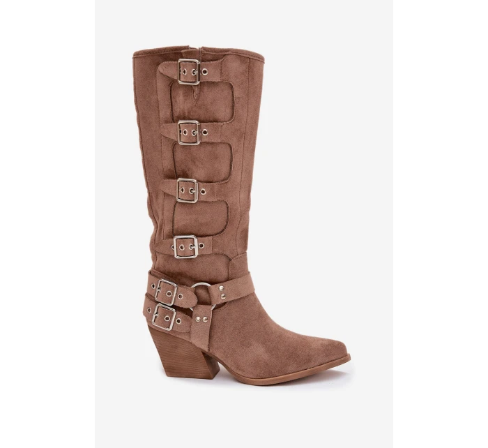 Dámske kovbojské čižmy na podpätku s prackami Fivelle - tmavo béžové Dámske kovbojské čižmy na podpätku s prackami Fivelle - tmavo béžové