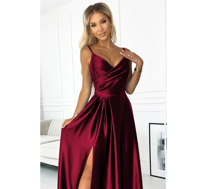 299-13 CHIARA elegantné maxi dlhé saténové šaty bez ramienok - BROAD