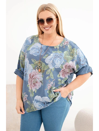 Dámská bavlněná model 22212438 Plus Size s krátkým rukávem a květinovým vzorem džínová - K-Fashion