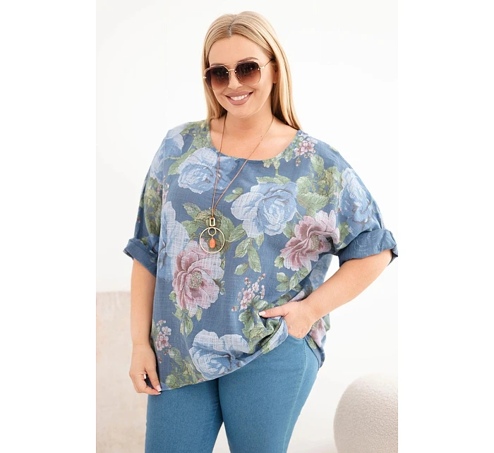 Dámske bavlnené Plus veľkosť blúzka s krátkym rukávom s kvetinovým vzorom Denim