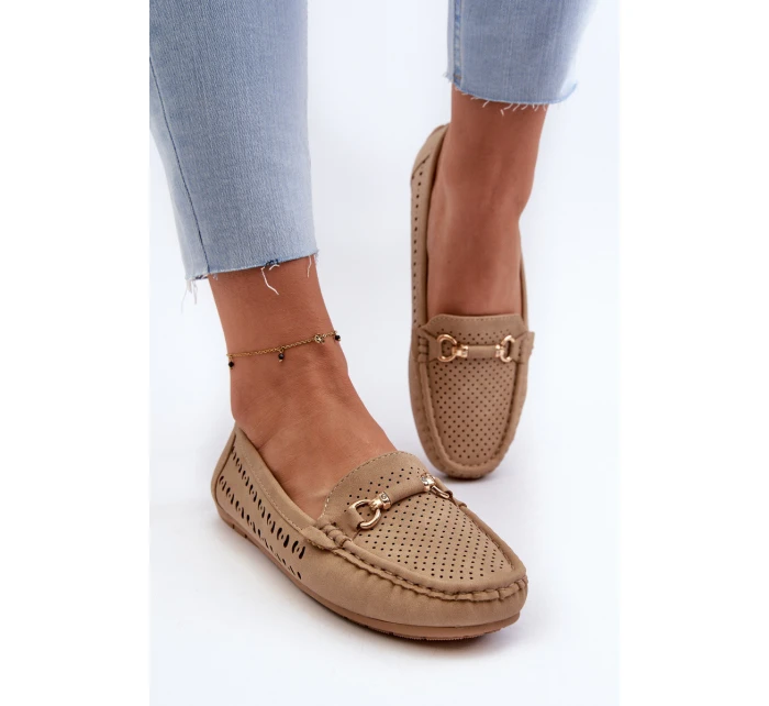 Mokasyny Damskie Ażurowe Z Ozdobą Brązowe Kaydance