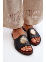 Zazoo 2938 Skórzane Klapki Na Płaskim Obcasie Z Ozdobą Czarne Zazoo 2938 Skórzane Klapki Na Płaskim Obcasie Z Ozdobą Czarne