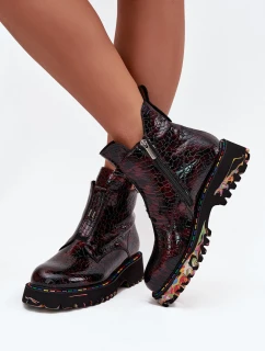 Lakierowane Botki Damskie Z Naturalnej Skóry Ocieplane Artiker 57C0165 Bordowe