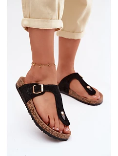 Kožené semišové žabky s zlatou sponou Černé Honey