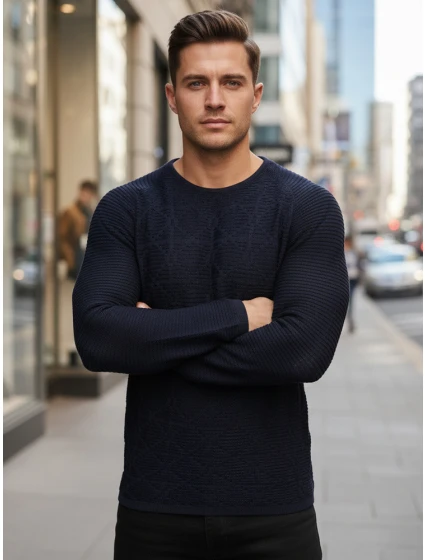 Pánský tmavě modrý svetr model 21995034 - FashionStreet Pánský tmavě modrý svetr model 21995034 - FashionStreet