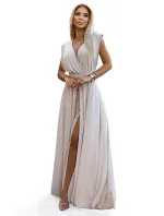 Elegantní béžové dlouhé dámské šaty s brokátem a s  vázání model 20110813 - numoco