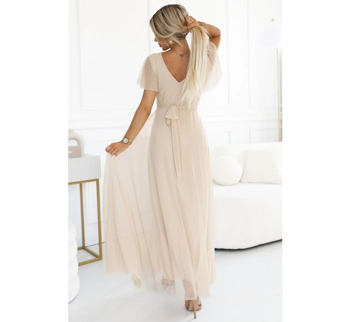 562-6 NASTIA Dlhé šaty s výstrihom a krátkymi rukávmi - BEACH