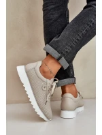 Skórzane Buty Sportowe Na Platformie Z Brokatem D&A LR51-629 Beżowe