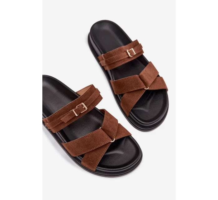 Dámské pantofle s pásky a zlatým sponou Hnědé Selorina