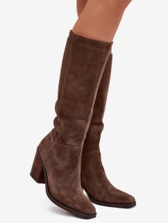 Dámske čižmy na podpätku so zipsom Lissara - hnedé, eko semiš