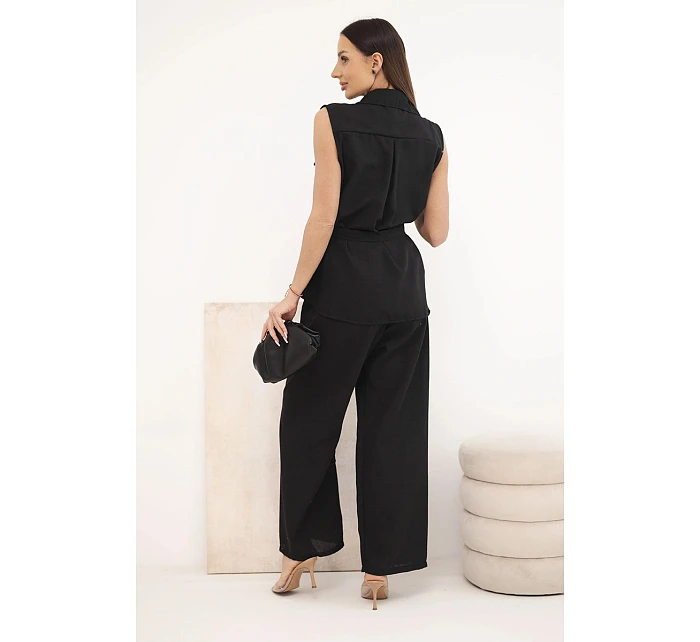 Dámsky komplet s uzlovou blúzkou a širokými nohavicami čiernej farby Dámsky komplet s uzlovou blúzkou a širokými nohavicami čiernej farby