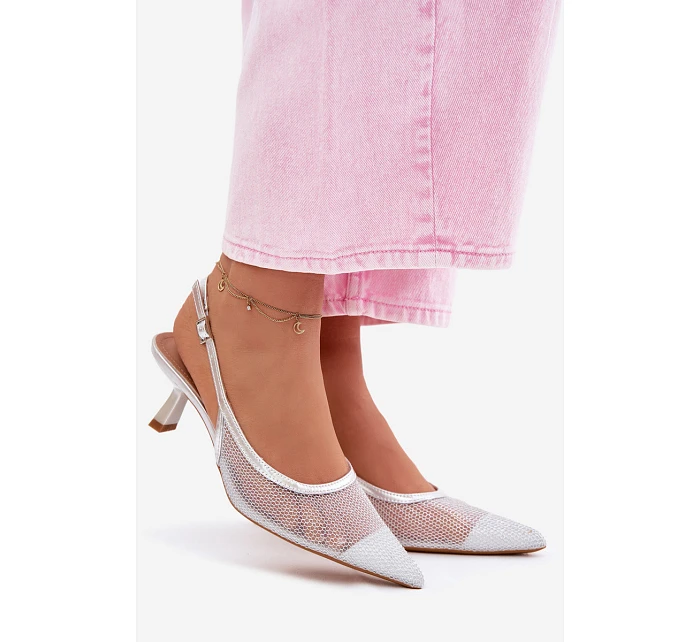 Calora Stříbrné Síťované Sandály Na Úzkém Podpatku