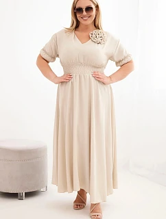 Dámské šaty Plus Size s výstřihem do V a nařaseným pasem tmavě béžové