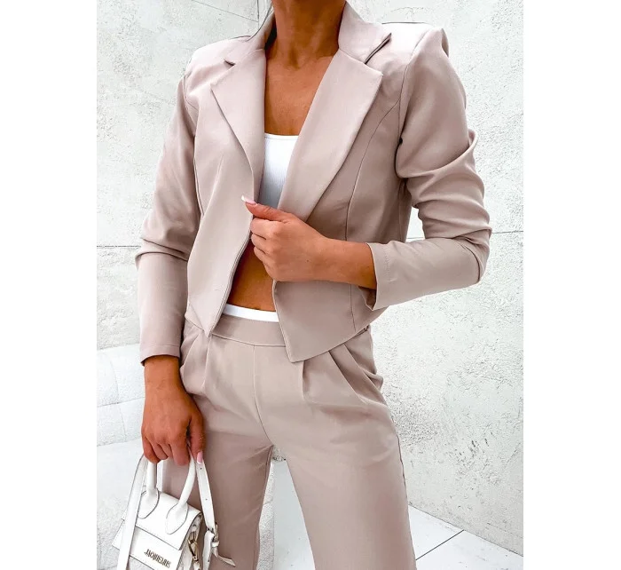 Béžová dámska súprava - krátke sako a široké nohavice (8263)