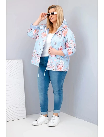 Dámská jarní prošívaná bunda Plus Size s kapucí a květinovým vzorem modrá