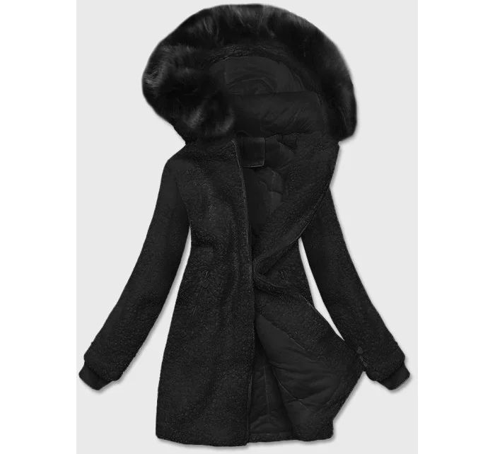 Dámska bunda z jahňacej kože s kapucňou čierna (h-1030-01)