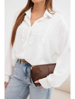 Dámske viskózové tričko s dlhými rukávmi a volánmi biele