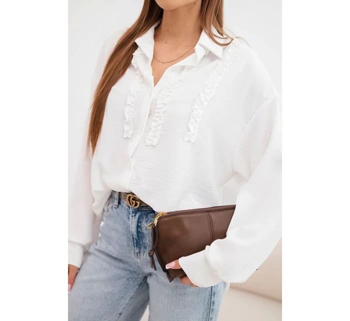 Dámske viskózové tričko s dlhými rukávmi a volánmi biele