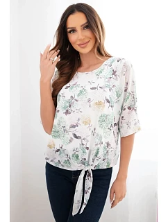 Dámska blúzka s kvetinovým vzorom a kravatou v spodnej časti tmavá mentolová