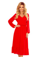Červené dámské šifonové midi šaty s volánkem a dekoltem model 14554664 - numoco