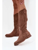 Kozaki Damskie Na Płaskim Obcasie Z Ażurowym Wzorem S.Barski HY52-531 Brązowe