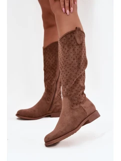 Kozaki Damskie Na Płaskim Obcasie Z Ażurowym Wzorem S.Barski HY52-531 Brązowe