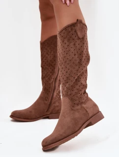 Kozaki Damskie Na Płaskim Obcasie Z Ażurowym Wzorem S.Barski HY52-531 Brązowe