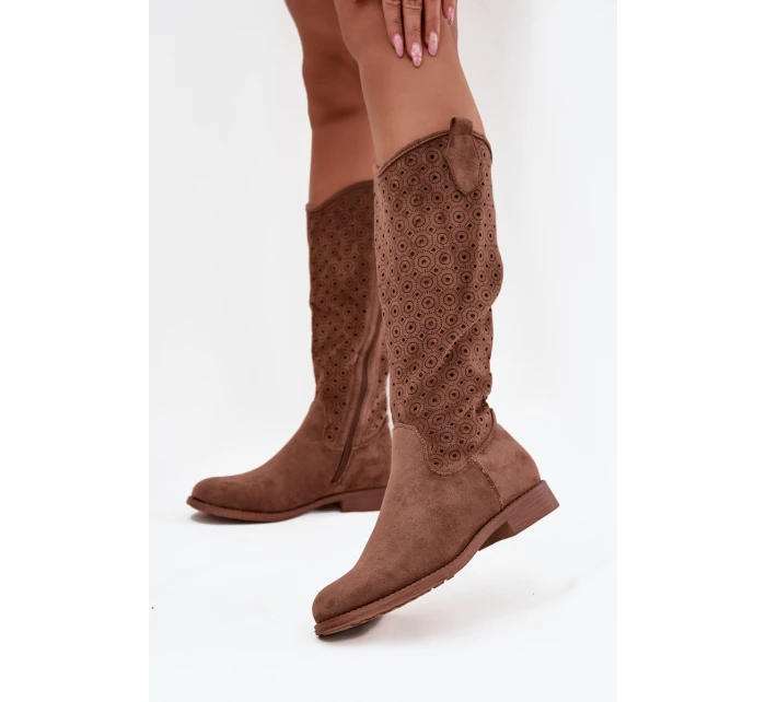 Kozaki Damskie Na Płaskim Obcasie Z Ażurowym Wzorem S.Barski HY52-531 Brązowe