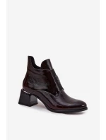 Skórzane Lakierowane Botki Na Klocku Z Ozdobnym Detalem Ocieplane Zazoo 60560 Bordowe