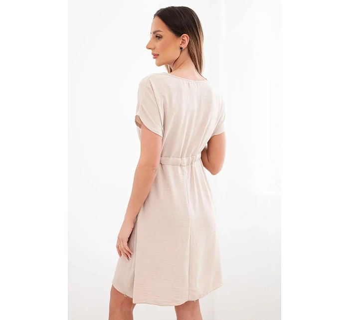 Dámské šaty s krátkým rukávem a páskem v pase béžová