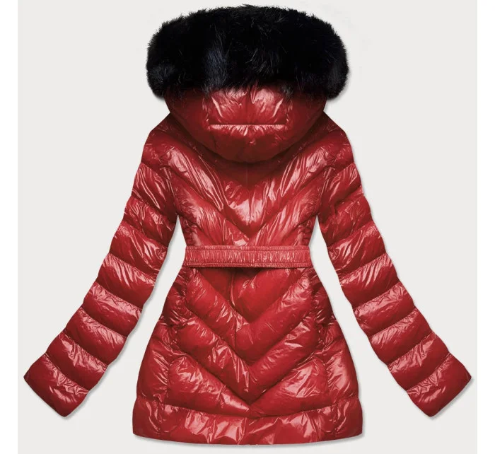 Lesklá zimná bunda v bordovej farbe bordová s mechovou kožušinovou podšívkou (w673)