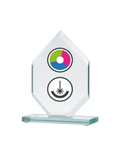 Sklenená trofej s farebnou potlačou LuxorJet, gravírovaním a atramentovou výplňou