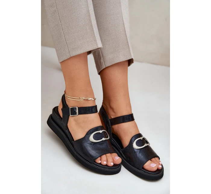 Lakierowane Sandały Damskie Na Koturnie Z Ozdobą Czarne Salianes Lakierowane Sandały Damskie Na Koturnie Z Ozdobą Czarne Salianes