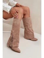 Dámske kovbojské čižmy Zalia s strapcami na podpätku - béžové Dámske kovbojské čižmy Zalia s strapcami na podpätku - béžové