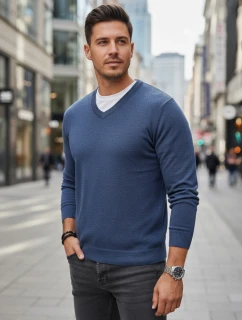 Pánsky modrý sveter s výstrihom do V FashionStreet WX2317