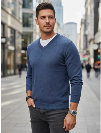 Pánsky modrý sveter s výstrihom do V FashionStreet WX2317