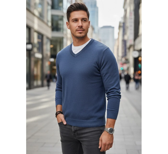 Pánsky modrý sveter s výstrihom do V FashionStreet WX2317