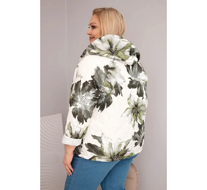 model 21959118 dámská bunda Plus Size s květinovým vzorem khaki - K-Fashion